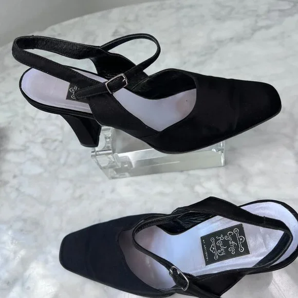 Cynthia Rowley Black Satin High Heels Shoes Women's Buckle Slingback Fabric 9AA - Picture 8 of 9